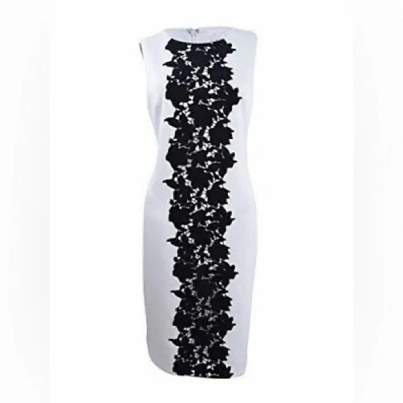 Calvin Klein sz 14 White Sheath Dress with Black Lace - Picture 1 of 6
